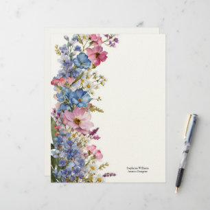 Personalisierte blaue rosa weiße Wildblumen Blumen Briefbogen