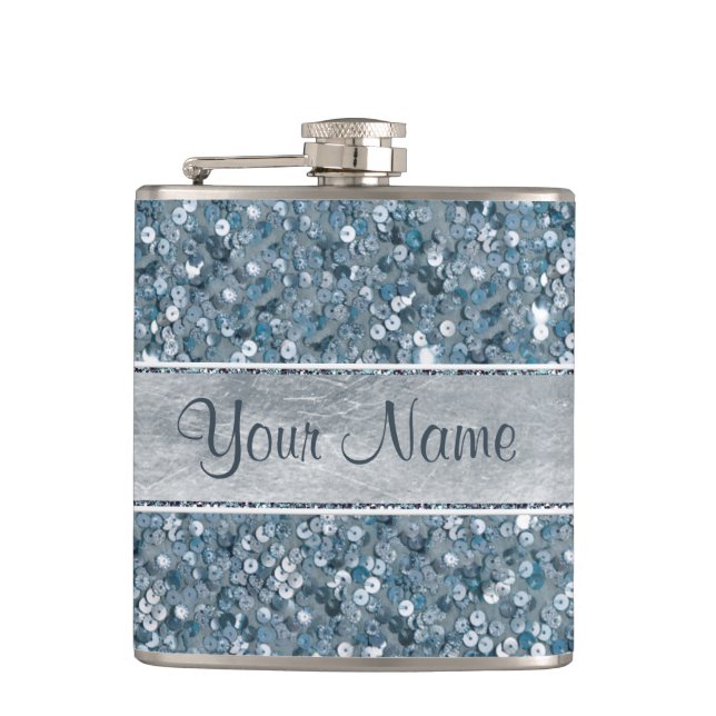 Personalisierte blaue Sequins-silberne Folie Flachmann (Vorderseite)