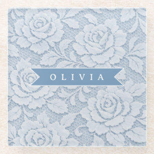 Personalisierte Blaue Spitze Floral Elegant Romant Glasuntersetzer