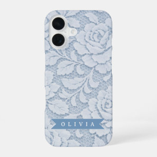 Personalisierte Blaue Spitze Floral Elegant Romant iPhone 16 Hülle