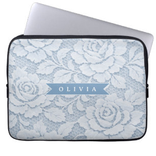 Personalisierte Blaue Spitze Floral Elegant Romant Laptopschutzhülle