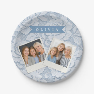 Personalisierte Blaue Spitze Florale Elegante Roma Pappteller