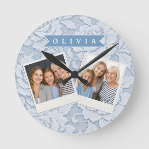 Personalisierte Blaue Spitze Florale Elegante Roma Runde Wanduhr