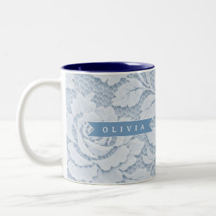 Personalisierte Blaue Spitze Florale Elegante Roma Zweifarbige Tasse