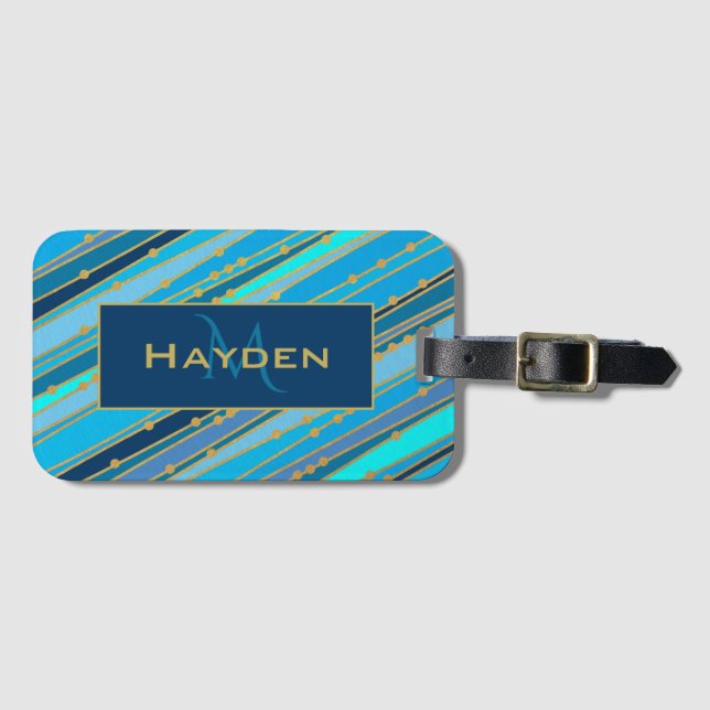 Personalisierte blaue Streifen und Goldpunkte Gepäckanhänger (Vorderseite (Horizontal))