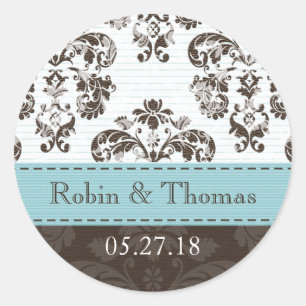 Personalisierte blaue und braune Damast-Hochzeit Runder Aufkleber