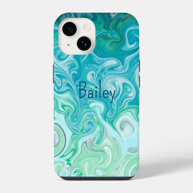 Personalisierte blaue und grüne Wellen iPhone Hülle (Rückseite)