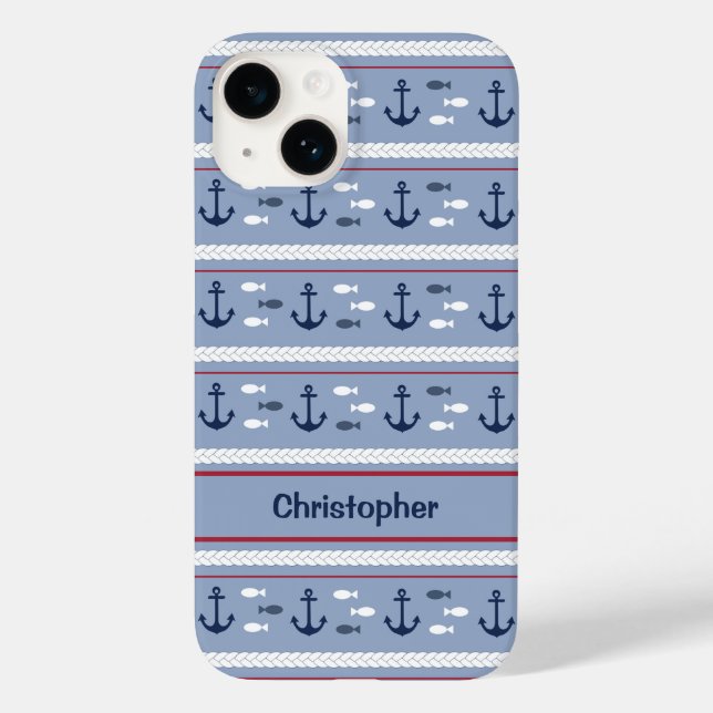 Personalisierte blaue und weiße Anker Case-Mate iPhone Hülle (Rückseite)