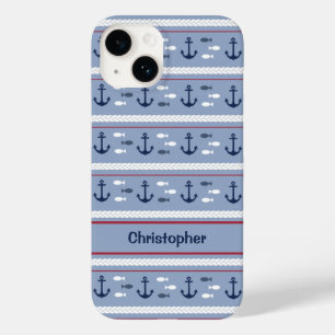 Personalisierte blaue und weiße nautische Anker Case-Mate iPhone 14 Hülle