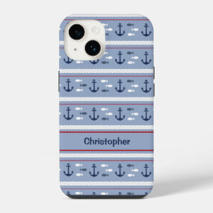 Personalisierte blaue und weiße nautische Anker iPhone 14 Hülle