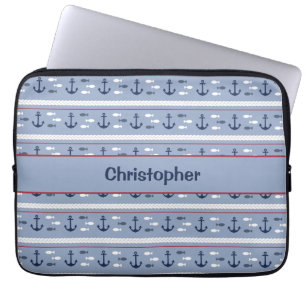Personalisierte blaue und weiße nautische Anker Laptopschutzhülle