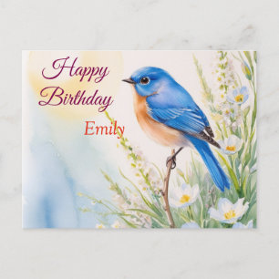 Personalisierte Blaue Vogel Blumen Wasserfarbe Geb Postkarte