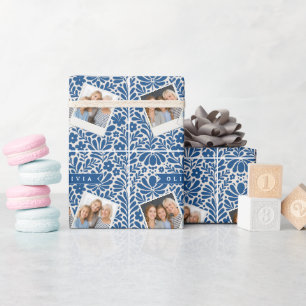 Personalisierte Blaue Volkstümliche Blumenmuster N Geschenkpapier