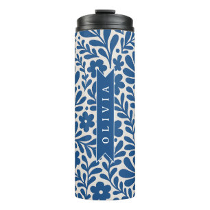 Personalisierte Blaue Volkstümliche Blumenmuster N Thermosbecher