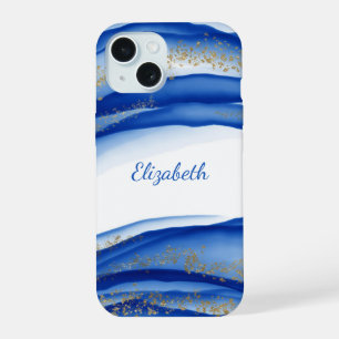 Personalisierte Blaugold-Weiß-Tinte-Wirbel-Wasserf iPhone 15 Hülle