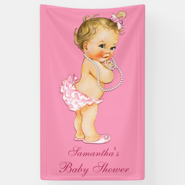 Personalisierte Blondine perlt Mädchen-Baby-Dusche Banner (Vertikal)