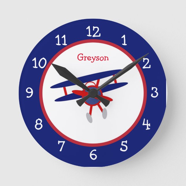 Personalisierte Blue and Red Airplane Children Runde Wanduhr (Vorderseite)