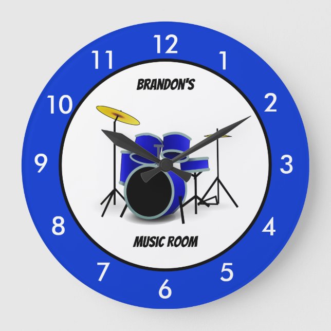 Personalisierte Blue Drum Set Musik Große Uhr (Vorderseite)