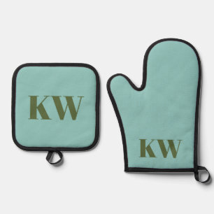Personalisierte Blue Green Monogram Initials Ofenhandschuh & Topflappen-Set