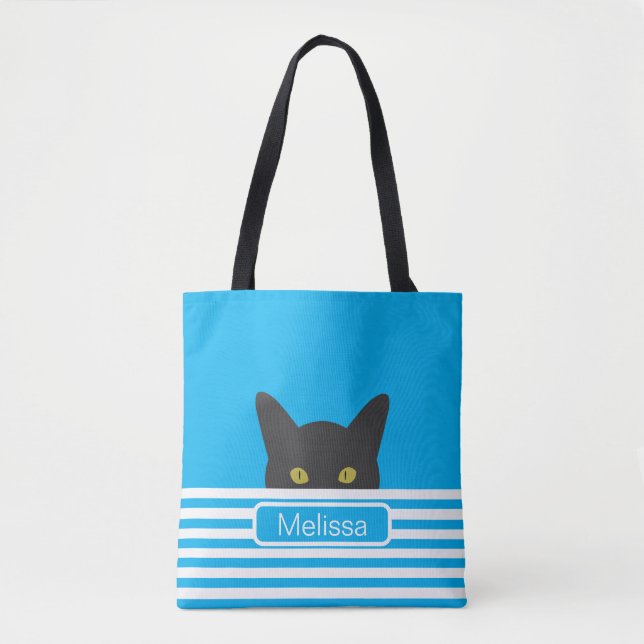 Personalisierte Blue Stripe Peeking Black Cat (Vorderseite)
