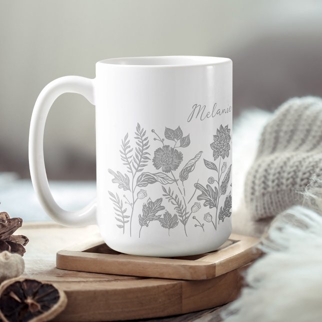 Personalisierte Blume Herbst Grau Kaffeetasse (Personalized Foliage Autumn Flowers Grey Coffee Mug)
