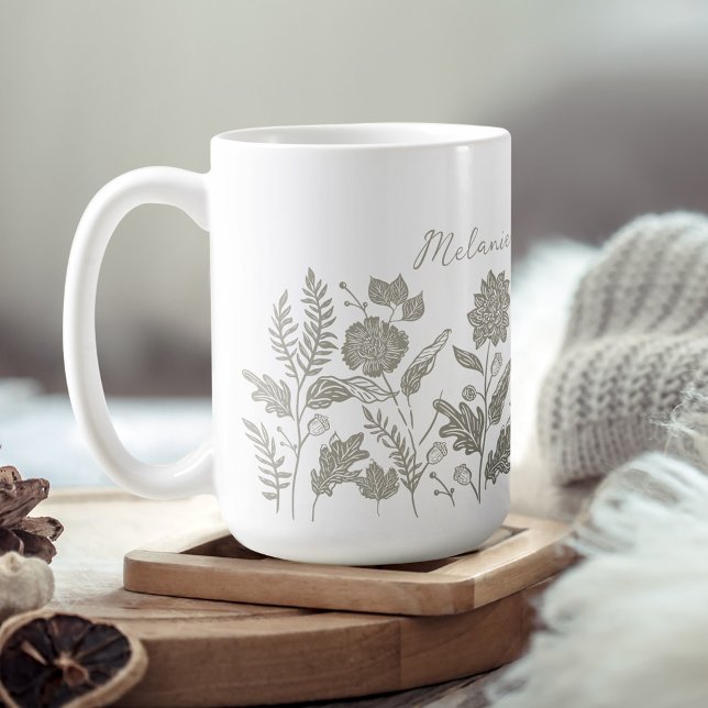 Personalisierte Blume im Herbst zeigen Grün Kaffeetasse (Personalized Foliage Autumn Flowers Sage Green Coffee Mug)