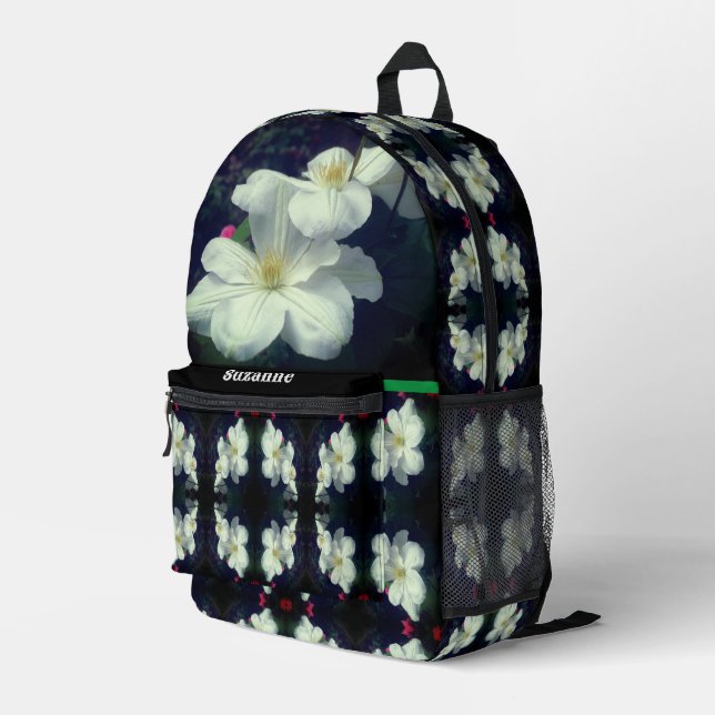 Personalisierte Blume von White Clematis Bedruckter Rucksack (Rückseitige Ecke Rechts)