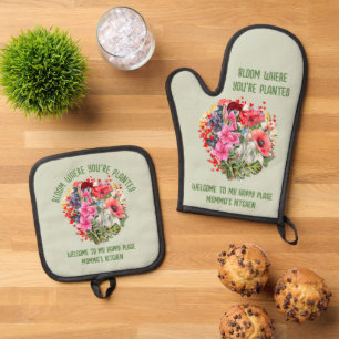 Personalisierte Blumen BLÜHEN DA, WO SIE GEPFLANZT Ofenhandschuh & Topflappen-Set