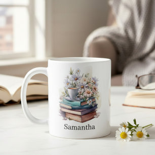 Personalisierte Blumen gestapelte Bücher Kaffeetasse