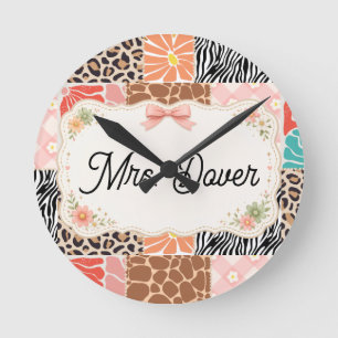 Personalisierte Blumen-Patchwork-Lehrerrund Uhr