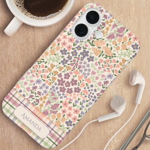 Personalisierte Blumen- und Karo-Handyhülle mit Na iPhone 16 Hülle