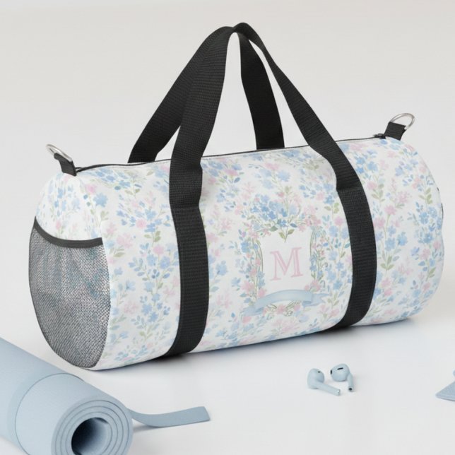 Personalisierte Blumenmonogramm-Tasche Duffle Bag (elegant girly blue pink floral personalized duffel bag with custom monogram initial)