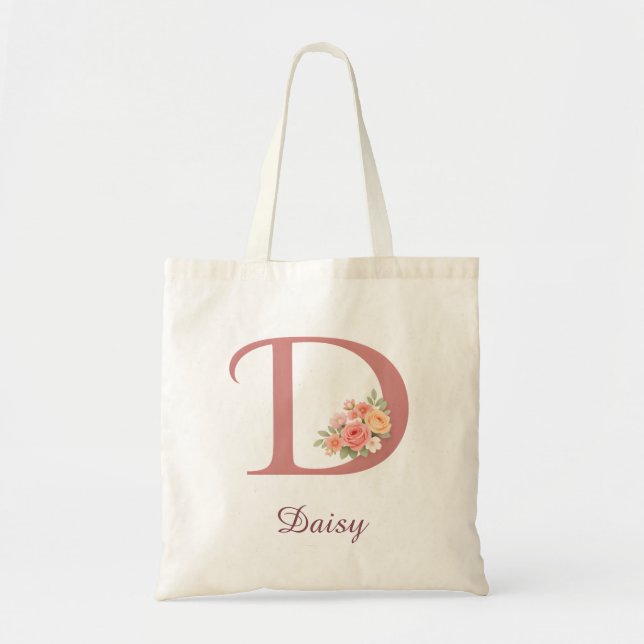 Personalisierte Blumenschrift D Monogramm-Tasche Tragetasche (Vorne)
