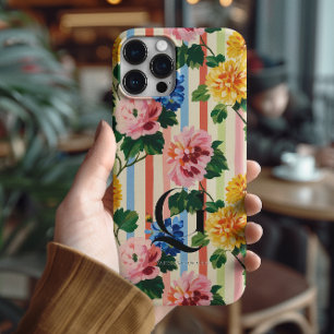 Personalisierte Blumenstreifen-Monogramm iPhone 16 Pro Max Hülle