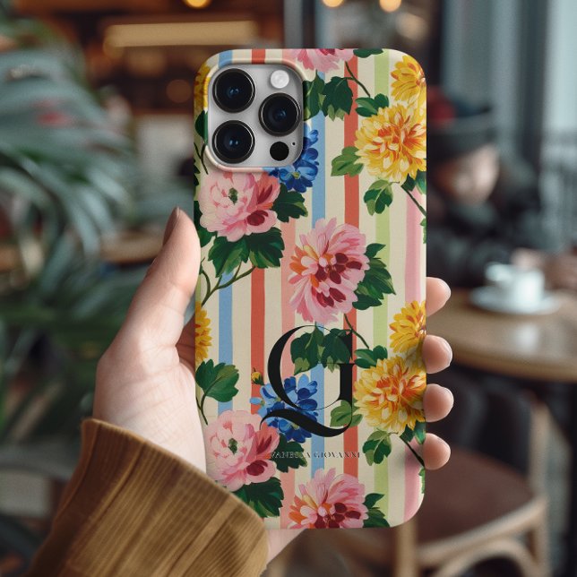 Personalisierte Blumenstreifen-Monogramm Case-Mate iPhone Hülle (Von Creator hochgeladen)