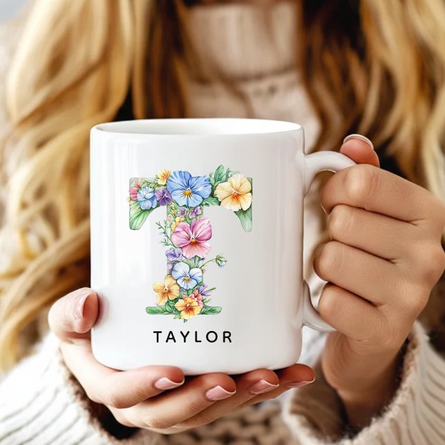 Personalisierte Blummonogramm-Tasse als Geschenk f Kaffeetasse (floral alphabet mug gift for her, custom mug birthday gift wife, floral monogram graduation for girl)