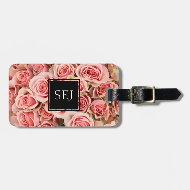 Personalisierte Blüten, rosa Rosen (Monogramm und  Gepäckanhänger (Vorderseite horizontal)