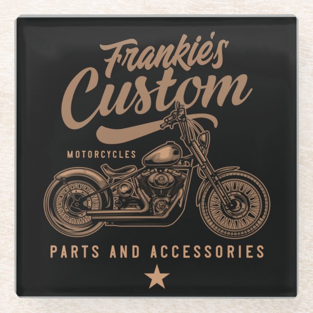 Personalisierte Bobber Motorradgarage Glasuntersetzer (Vorderseite)