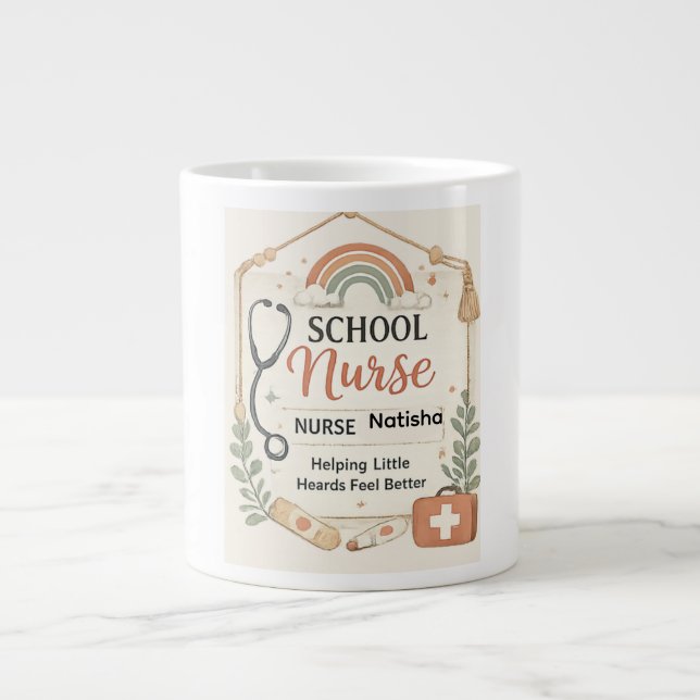 Personalisierte Boho-Regenbogen-Schulkrankenschwes Jumbo-Tasse (Vorderseite)