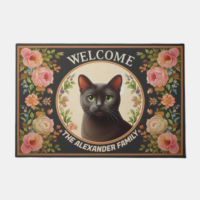 Personalisierte Bombay Cat, florale Kitten Willkom Fußmatte (Vorderseite)