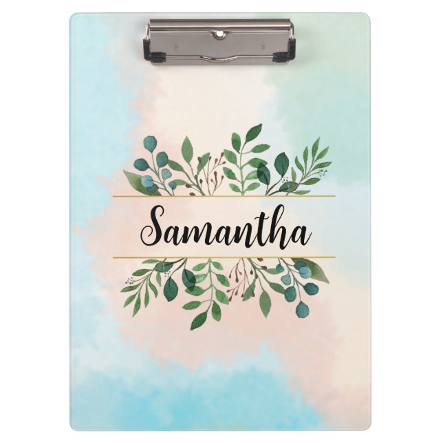 Personalisierte botanische Wasserfarbe mit Name Klemmbrett (Vorderseite)