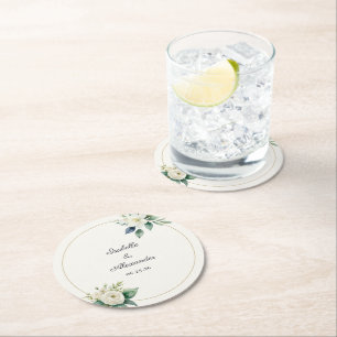 Personalisierte Botanische Weiße Blumenhochzeit Runder Pappuntersetzer