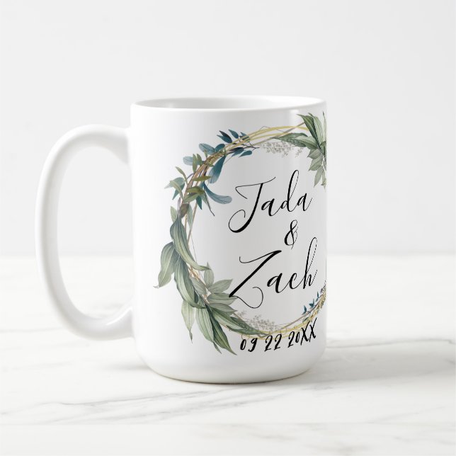 Personalisierte botanische Wraath-Hochzeit Kaffeetasse (Links)