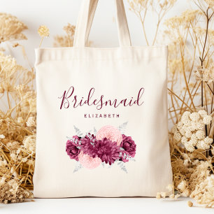 Personalisierte Brautjungfer Blumen Burgunderrot R Tragetasche
