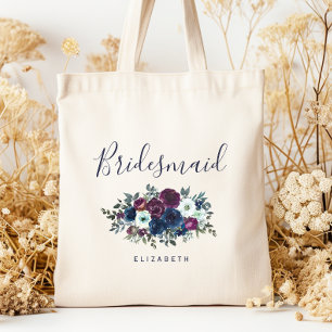 Personalisierte Brautjungfer Blumen Navy Blau Lila Tragetasche