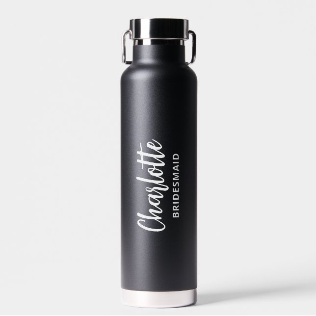 Personalisierte Brautjungfer-Name Schrift Schwarz  Trinkflasche (Vorne)