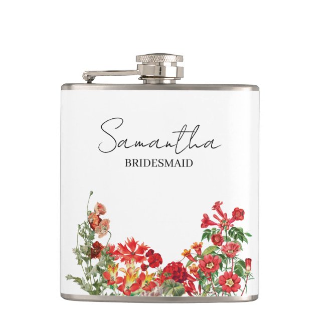 Personalisierte Brautjungfer Rote Florale Hochzeit Flachmann (Vorderseite)