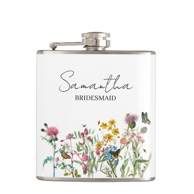Personalisierte Brautjungfer-Wildblumen-Hochzeit Flachmann (Vorderseite)