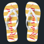 Personalisierte Bridesmaid Pinkish Red MistGelb Flip Flops<br><div class="desc">Flammenskorb Roter Schriftart und Misted Yellow and White Stripes Muster - Ändern Sie die Farbe Gelb und Rotes Rosa durch Klicken auf Anpassen. Außerdem sagen Sie alles, was Sie gewollt haben! Alles in allem! Machen Sie diese eine Art Flip Flops, die Ihre Nachricht auf ihnen haben. Sei das Gerede vom...</div>