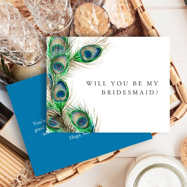 Personalisierte Bridesmaid-Vorschläge Pfau Mitteilungskarte (bridesmaid proposal card features watercolor peacock feather art by Victoria Grigaliunas)